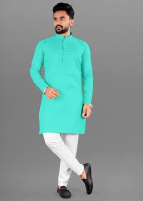 LYPLO Men Solid Straight Kurta(Light Green)