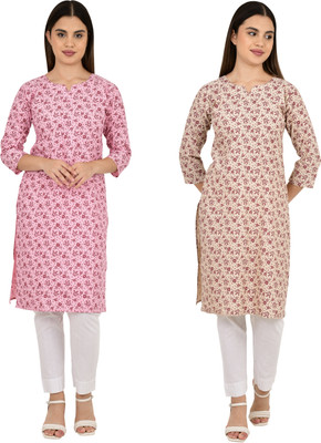 ASHI DESIGNS Women Printed A-line Kurta(Pink, Beige)