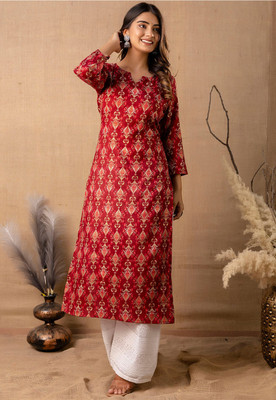 JSIMAR Women Printed Straight Kurta(Maroon)