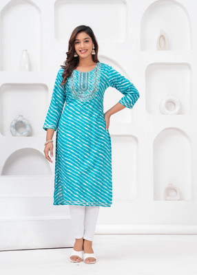 Vorixen Women Leheriya Straight Kurta(Blue)