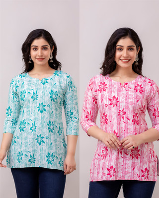 Women Floral Print Kurta(Dark Blue, Pink)