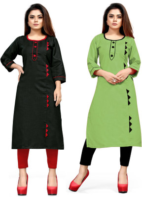 AAI MOGAL Women Solid Straight Kurta(Black, Light Green)