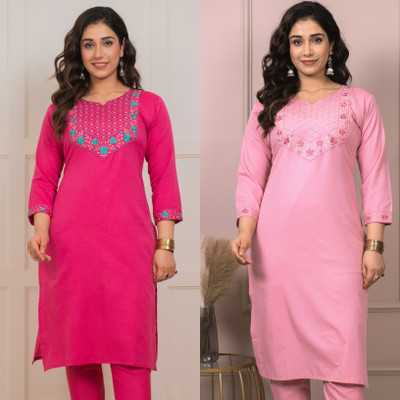 AUZAAI COLLECTION Women Embroidered Straight Kurta(Pink)