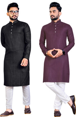 Krudha Men Woven Design Straight Kurta(Black, Purple)