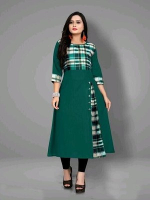 Anjana Nx Women Colorblock, Checkered A-line Kurta(Green)