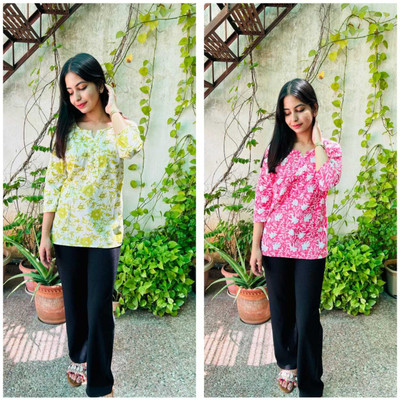 Wearaholic Women Printed Straight Kurta(Yellow, Pink)