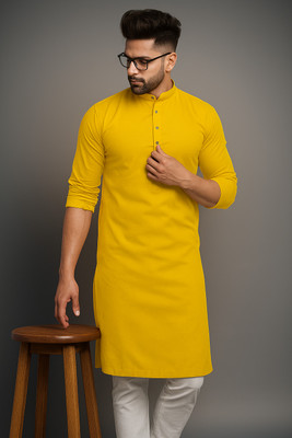 Z zedup Men Solid Straight Kurta(Yellow)