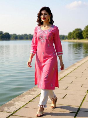 sisto Women Chikan Embroidery Kurta(Multicolor)