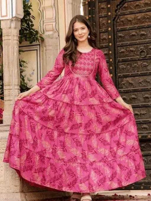 Saharan Women Embroidered Anarkali Kurta(Pink)