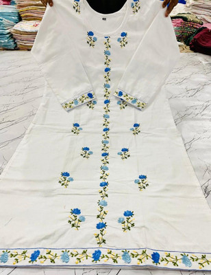 R A TEXTILE Women Embroidered A-line Kurta(Blue, White)