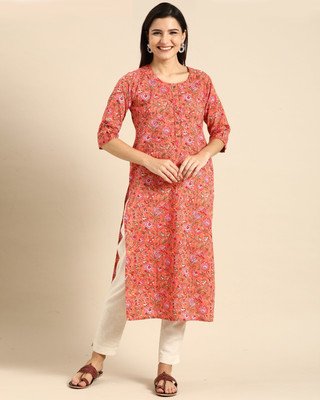 Rajnandini Women Printed Straight Kurta(Orange)