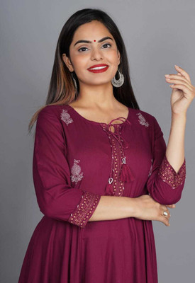 Rfashions Women Printed Anarkali Kurta(Maroon, White, Gold)