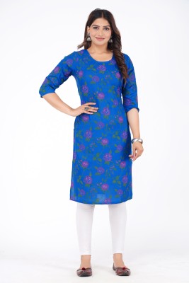 queen Consort Women Floral Print Straight Kurta(Light Blue)