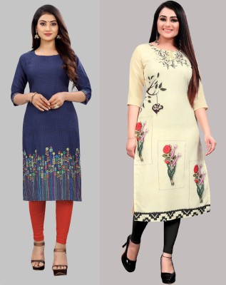 Modli 20 Fashion Women Floral Print Straight Kurta(Dark Blue, Beige)