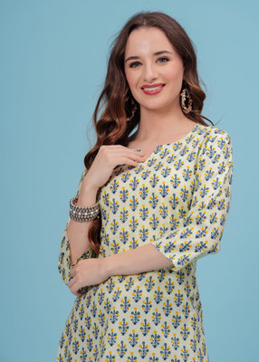 niklav Women Block Print Straight Kurta(Light Green)