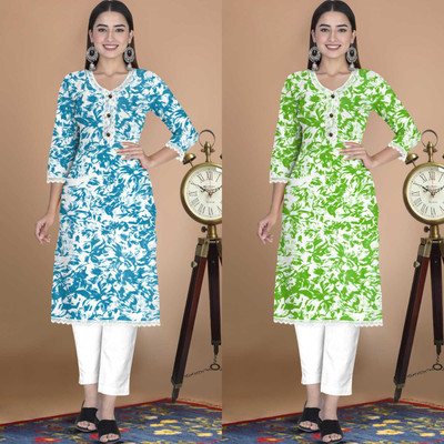 shyam club Women Printed A-line Kurta(Green, Blue)