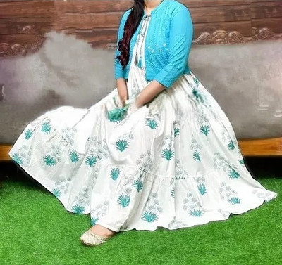 Windson Women Floral Print Anarkali Kurta(Blue, White)