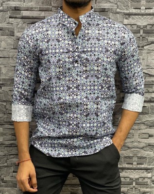 HIGA FASHION Men Printed Straight Kurta(Blue, Black)