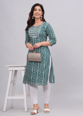 Sarai Jaipur Women Printed Straight Kurta(Green)