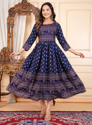 Vorcia Febtex Women Block Print Anarkali Kurta(Blue)