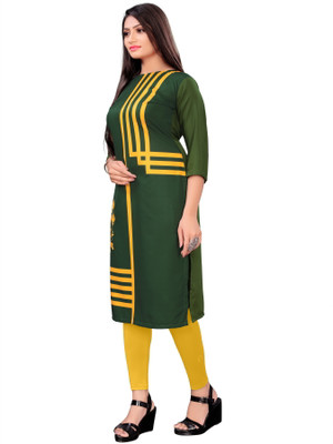 maruti fab Women Striped Straight Kurta(Green, Yellow)
