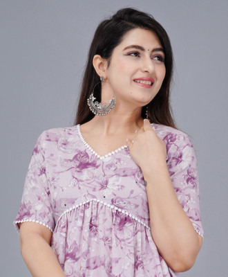 MintMarie Women Printed Flared Kurta(Purple)