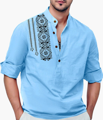hfm Men Block Print Straight Kurta(Blue)