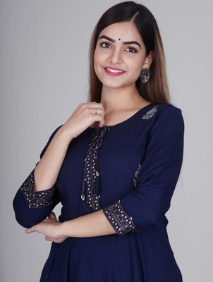 Radhegovind Creation Women Embroidered, Woven Design Anarkali Kurta(Dark Blue)