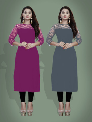 Maheshvi Women Solid Straight Kurta(Grey, Maroon)
