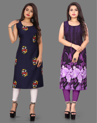 tanvi creation Women Printed Straight Kurta(Purple, Dark Blue)