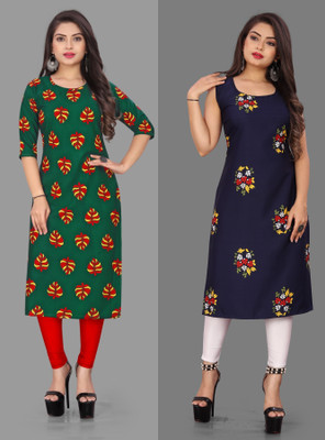 maruti fab Women Printed Straight Kurta(Green, Dark Blue)