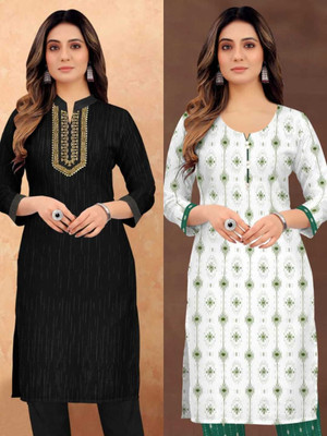 TAfashionstore Women Self Design Straight Kurta(Black, White)