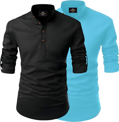 LIMRO Men Solid Straight Kurta(Black, Blue)