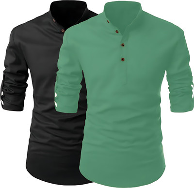 Infyshopy Fashions Men Solid Straight Kurta(Black, Light Green)