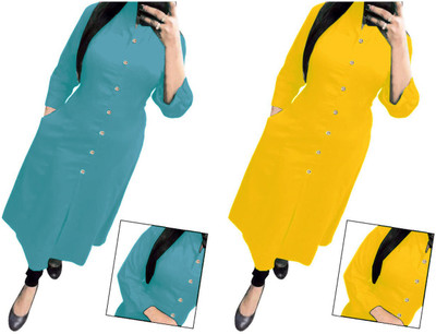 VISVA DESIGNER Women Self Design Frontslit Kurta(Light Blue, Yellow)