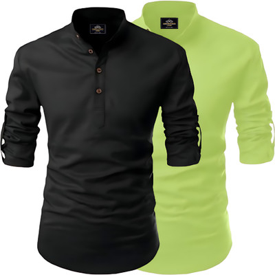 Fashion Marts Men Printed Straight Kurta(Black, Light Green)
