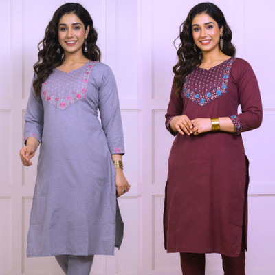 AUZAAI COLLECTION Women Embroidered Straight Kurta(Grey, Brown)