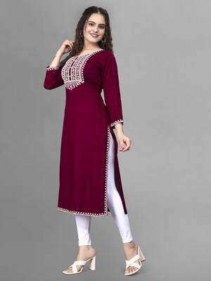 mayraa Women Embroidered A-line Kurta(Maroon)