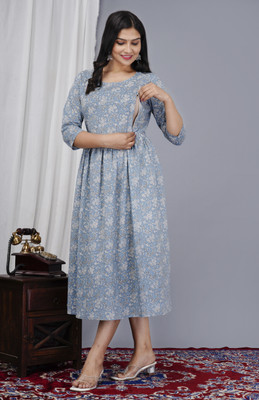 Janki Creation Women Floral Print Anarkali Kurta(Blue)