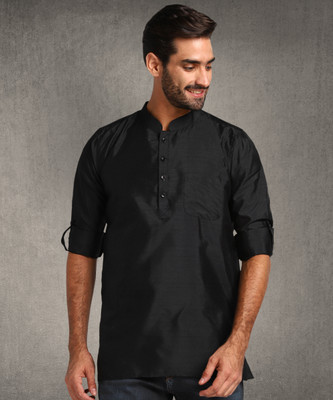 Hangup Plus Men Solid A-line Kurta(Black)