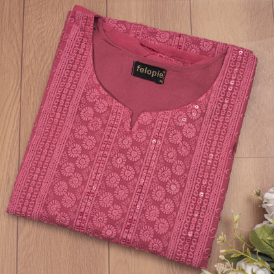 Felopie Women Chikan Embroidery A-line Kurta(Pink)