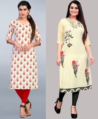 Hiral Creation Women Floral Print Straight Kurta(Red, Beige)