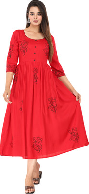 Priyshi Designing Women Printed, Block Print Flared Kurta(Red)