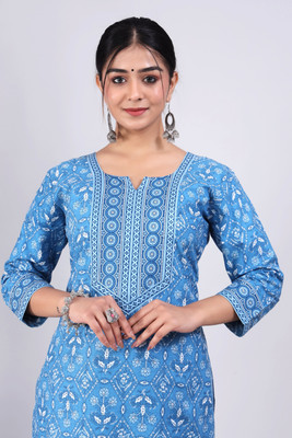 ZEWAR by Modi's Women Block Print Straight Kurta(Light Blue)