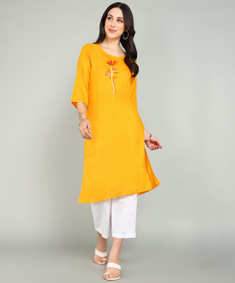 Anvi creation Women Embroidered Straight Kurta(Yellow)