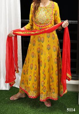 pritina Embroidered, Floral Print Anarkali Kurta, Bottom & Dupatta Set