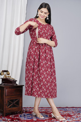 Janki Creation Women Floral Print Flared Kurta(Red)