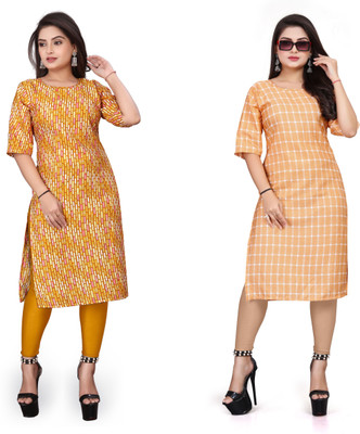 Alpha Fashion Women Printed A-line Kurta(Yellow, Beige)