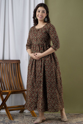 PIHUTIQUE ARTS Women Printed Anarkali Kurta(Maroon)