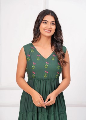 Ku fashion Women Embroidered Flared Kurta(Dark Green)